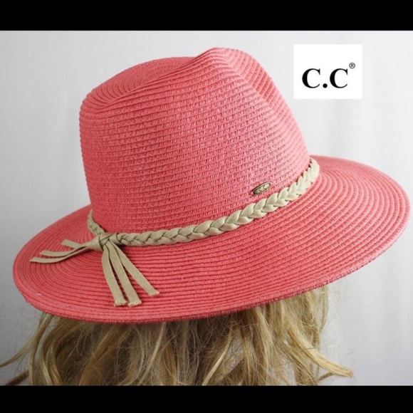 C.C. Boutique Accessories - Coral w/Faux Leather Band Wide Brim Hat